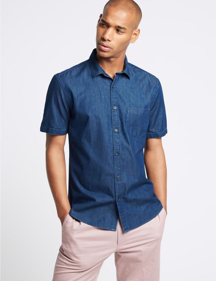 Marks & Spencer Pure Cotton Slim Fit Denim Shirt With Pocket Indigo