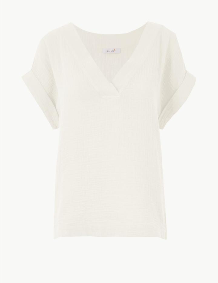Marks & Spencer Pure Cotton Textured Short Sleeve T-shirt Cream