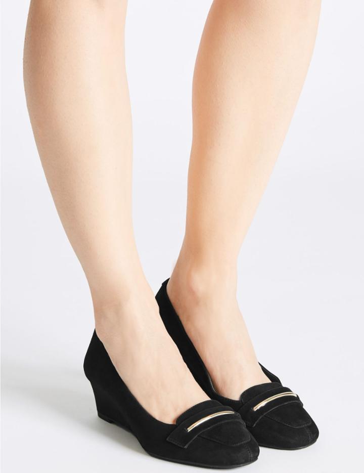 Marks & Spencer Wide Fit Leather Wedge Heel Court Shoes Black