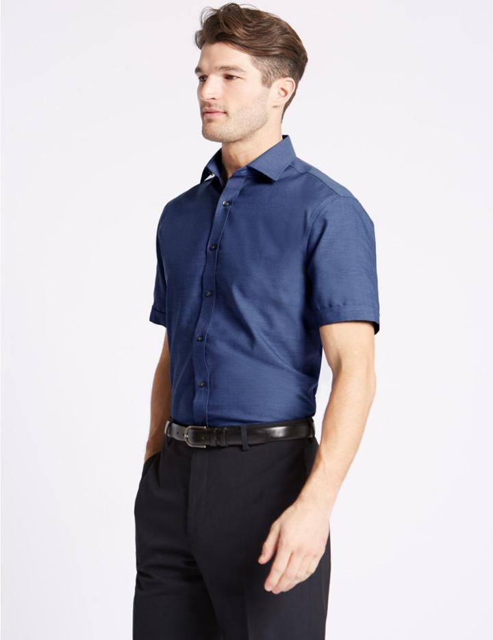 Marks & Spencer Cotton Blend Non-iron Tailored Fit Shirt Navy Mix