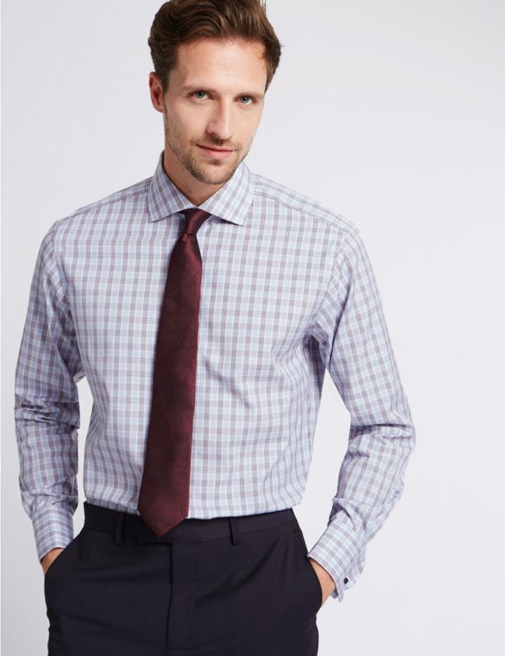 Marks & Spencer Pure Cotton Long Sleeve Checked Shirt Purple Mix