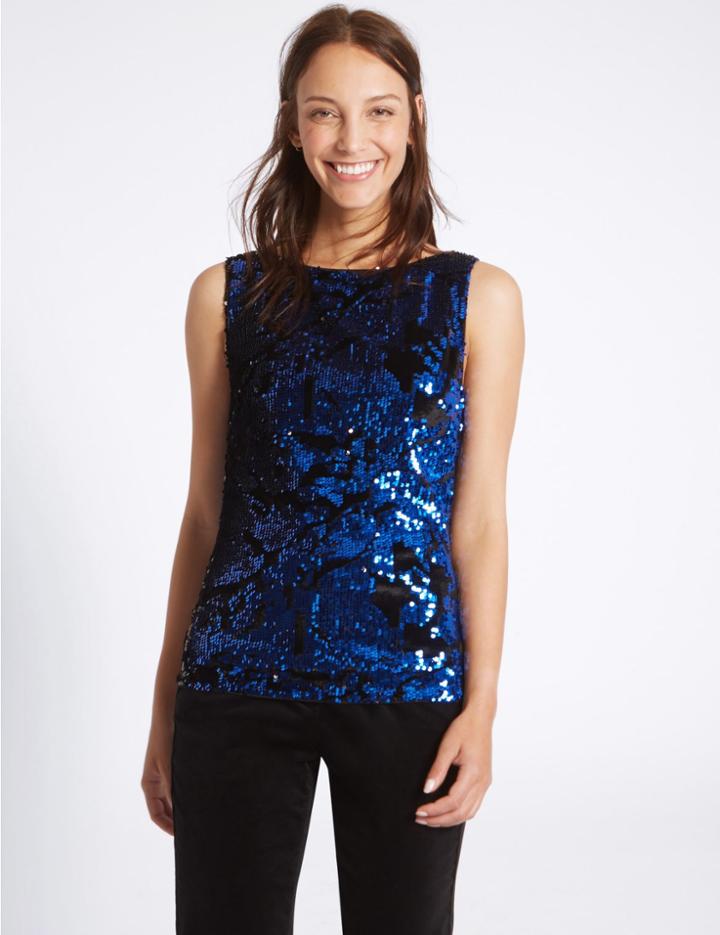 Marks & Spencer Embellished Slash Neck Shell Top Blue