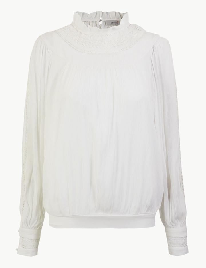 Marks & Spencer Lace Insert High Neck Long Sleeve Blouse Soft White