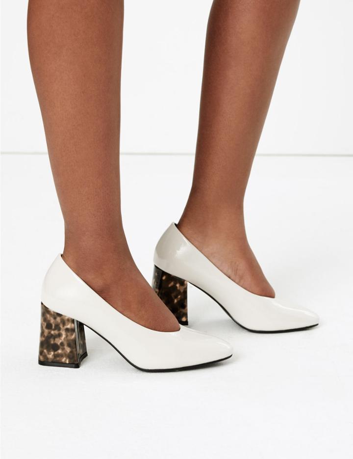 Marks & Spencer Snakeskin Effect Block Heel Court Shoes Stone