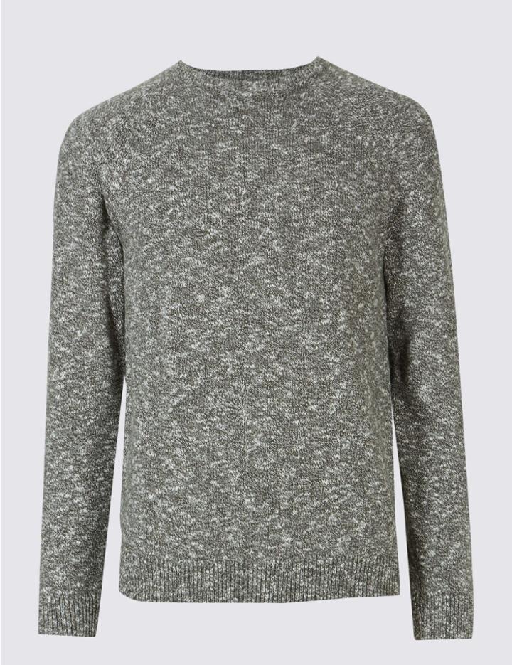 Marks & Spencer Pure Cotton Textured Crew Neck Jumper Khaki