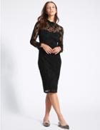 Marks & Spencer Floral Lace Long Sleeve Bodycon Midi Dress Black Mix