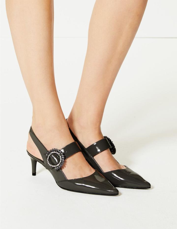 Marks & Spencer Patent Kitten Heel Buckle Slingback Court Shoes Grey