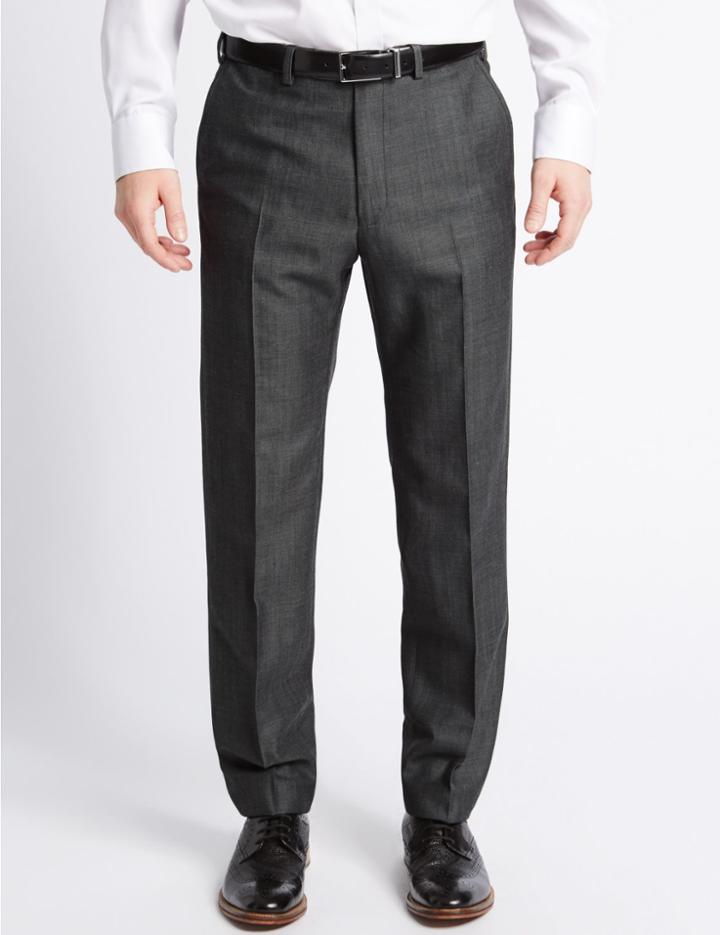 Marks & Spencer Tailored Fit Wool Blend Textured Trousers Dark Grey Mix