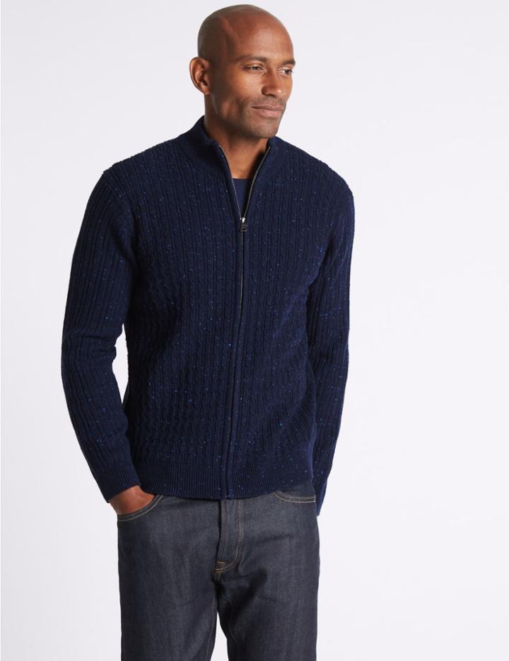 Marks & Spencer Wool Blend Cable Zipped Through Cardigan Navy