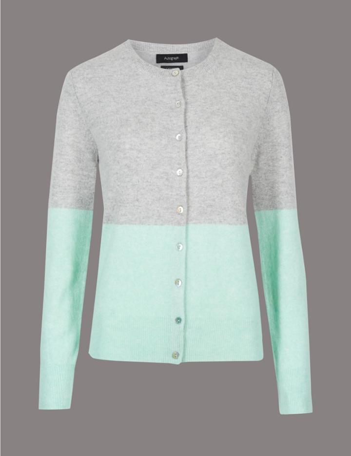 Marks & Spencer Pure Cashmere Colour Block Cardigan Jade Mix