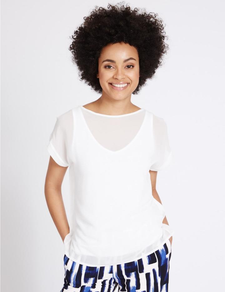 Marks & Spencer Woven Layer Slash Neck Short Sleeve T-shirt Ivory