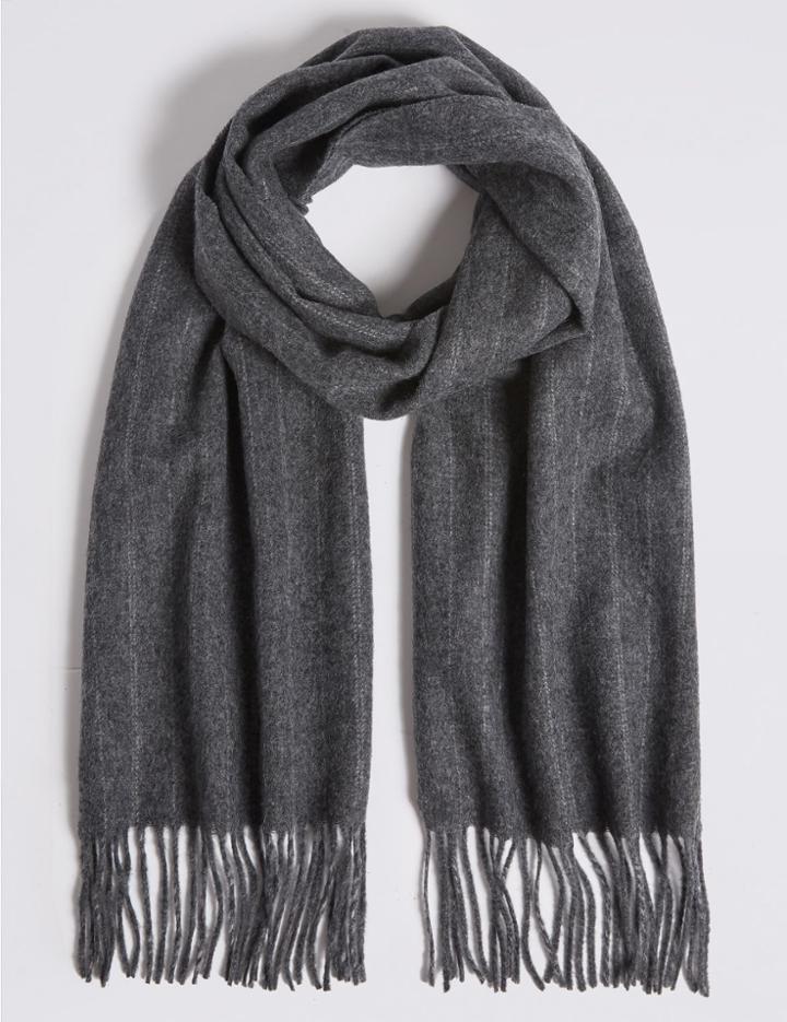 Marks & Spencer Tonal Pinstripe Wool Woven Scarf Grey
