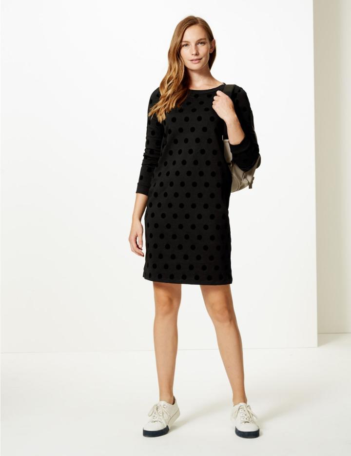 Marks & Spencer Pure Cotton Spotted Long Sleeve Shift Dress Black Mix