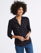 Marks & Spencer Cherry Print Notch Neck &frac34; Sleeve Blouse Navy Mix
