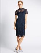 Marks & Spencer Floral Lace Short Sleeve Shift Dress Navy