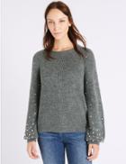 Marks & Spencer Textured Round Neck Pearl Sleeve Jumper Charcoal
