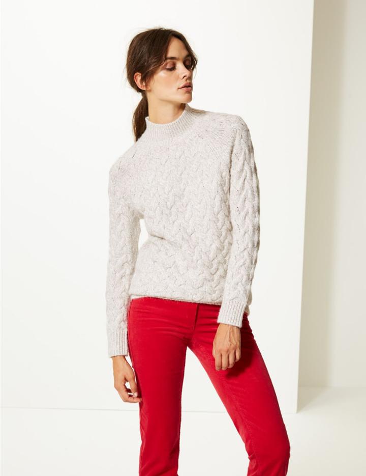Marks & Spencer Cable Funnel Neck Longline Jumper Grey Marl