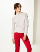 Marks & Spencer Cable Funnel Neck Longline Jumper Grey Marl