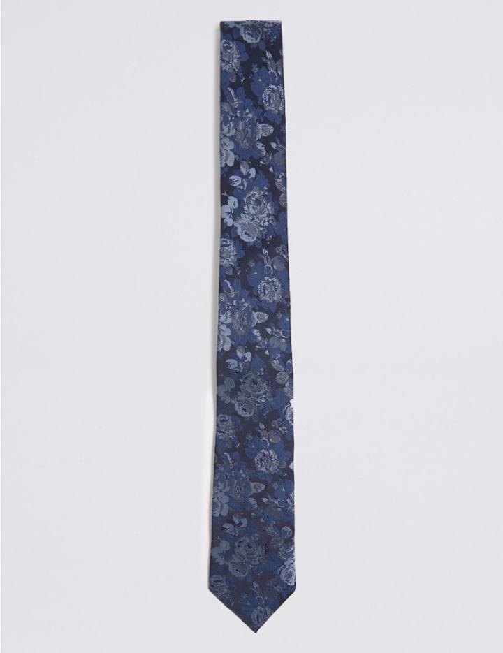 Marks & Spencer Pure Silk Floral Tie & Pocket Square Set Blue Mix