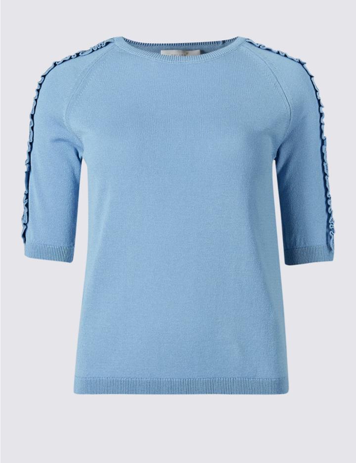 Marks & Spencer Lace Applique Round Neck Half Sleeve Jumper Light Blue