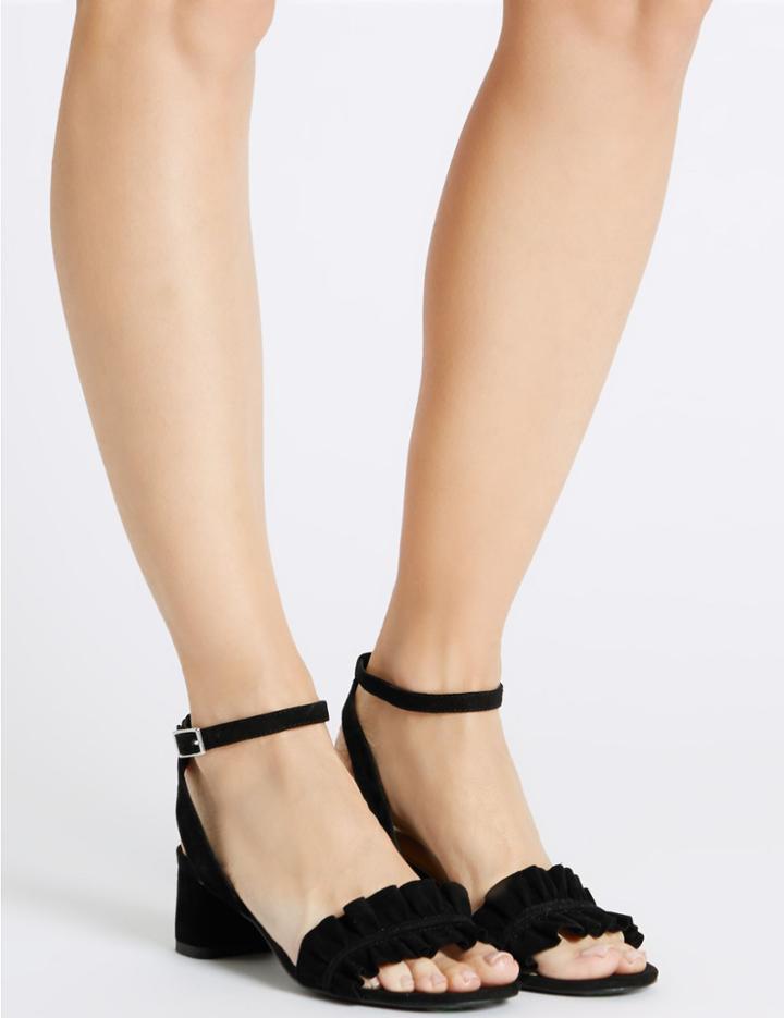 Marks & Spencer Suede Block Heel Ruffle Sandals Black