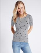 Marks & Spencer Pure Cotton Bird Print Half Sleeve T-shirt Grey Mix