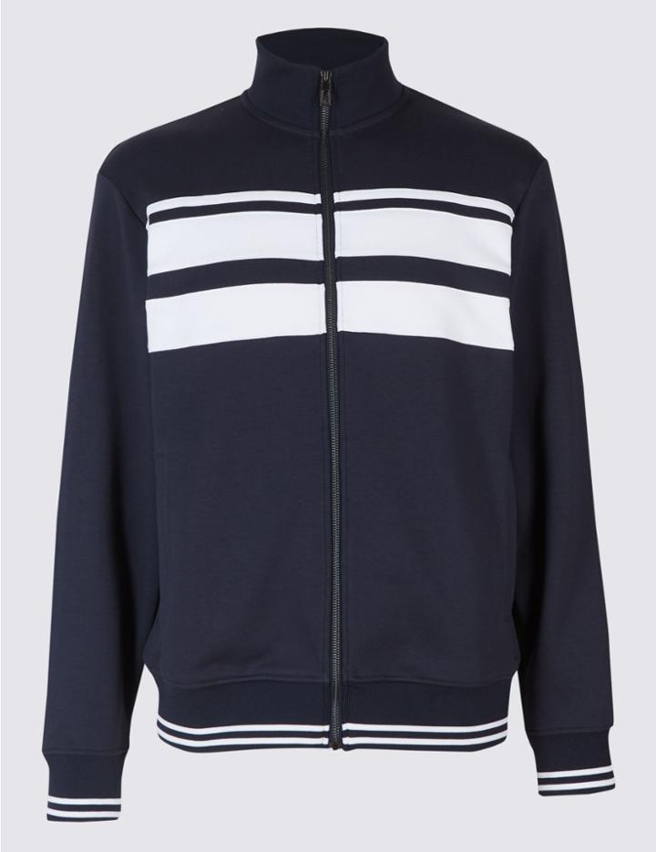 Marks & Spencer Cotton Blend Zipped Through Sweatshirt Navy