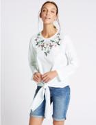 Marks & Spencer Pure Cotton Embroidered Tie Front Shell Top Soft White