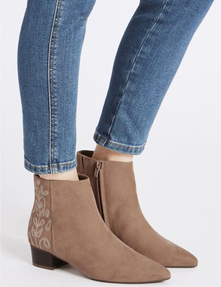 Marks & Spencer Block Heel Size Zip Embroidered Ankle Boots Taupe