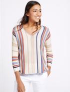 Marks & Spencer Striped V-neck 3/4 Sleeve Jumper Oatmeal Mix