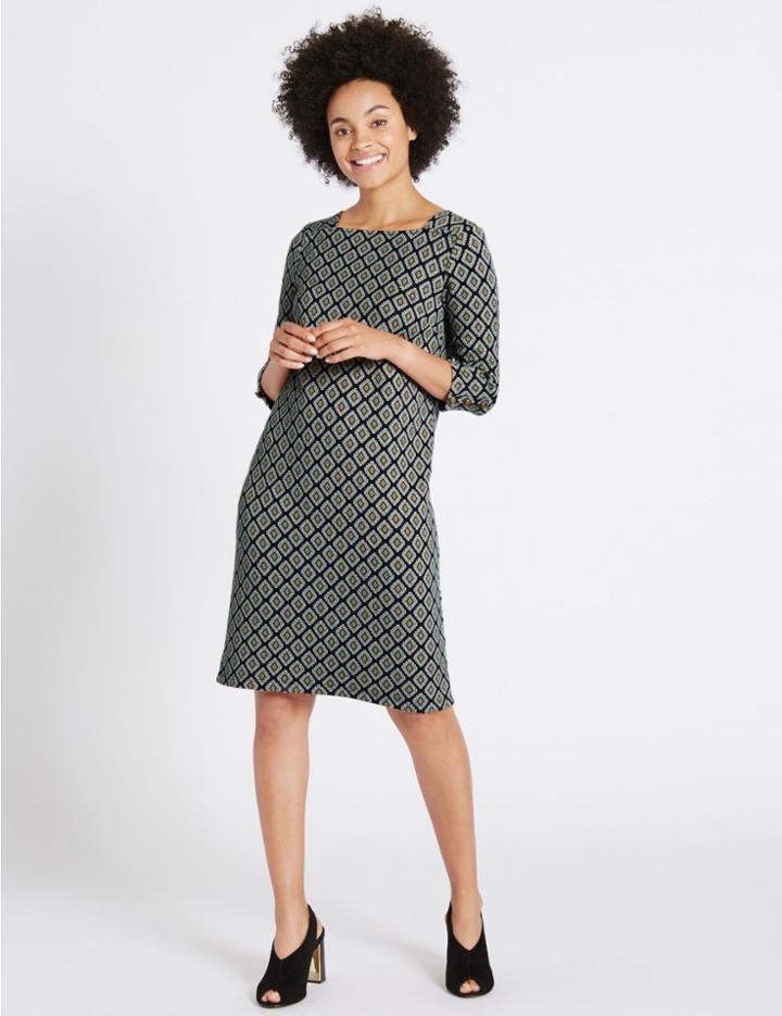 Marks & Spencer Cotton Rich Jacquard Print Tunic Midi Dress Green Mix