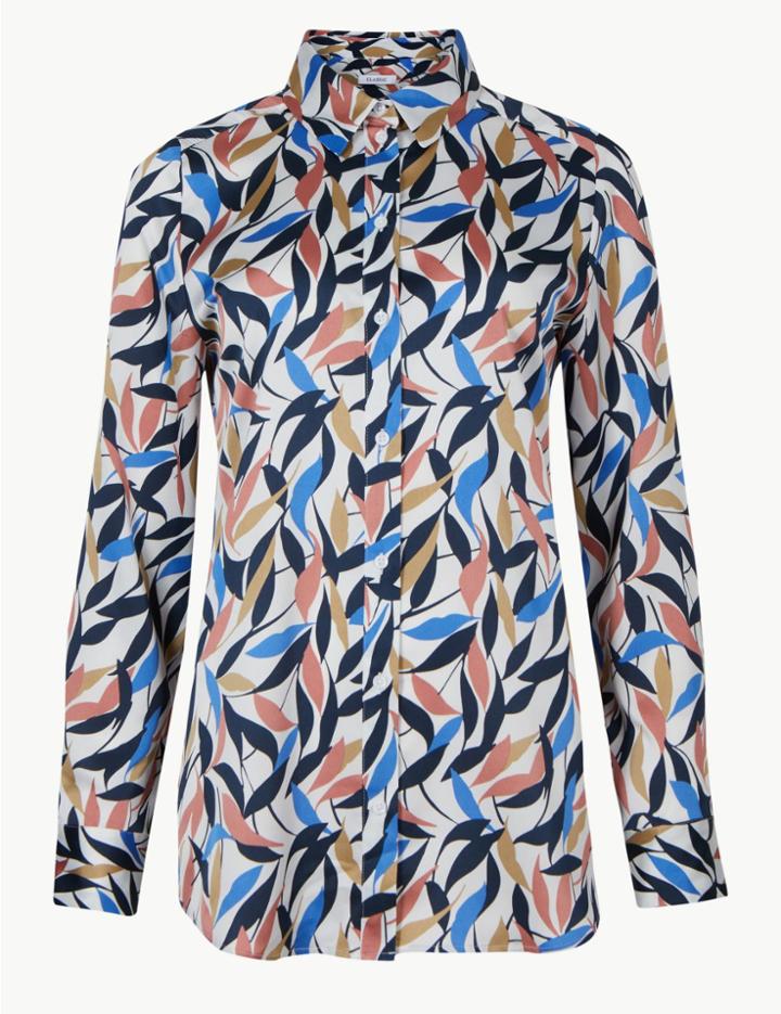 Marks & Spencer Satin Print Long Sleeve Shirt Ivory Mix