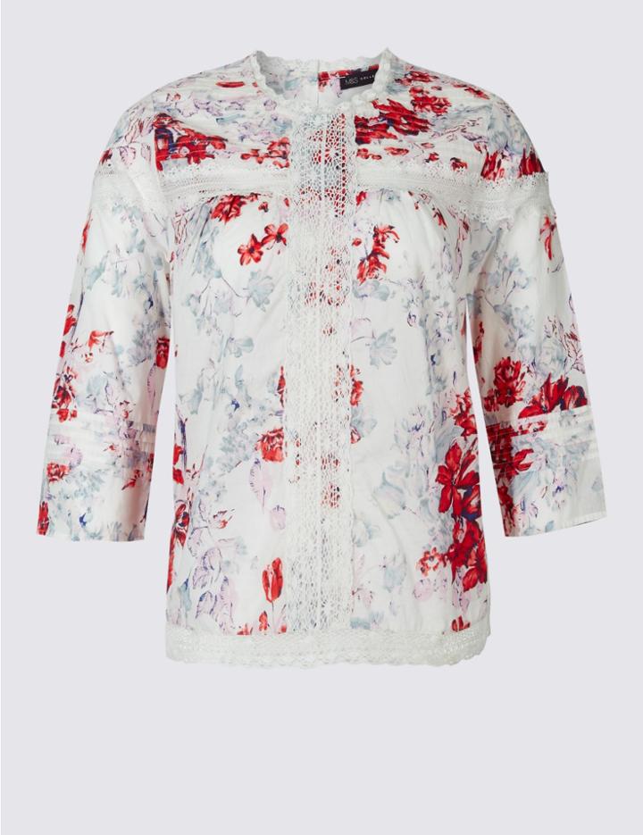 Marks & Spencer Plus Pure Cotton Printed Pintuck Blouse Ivory Mix