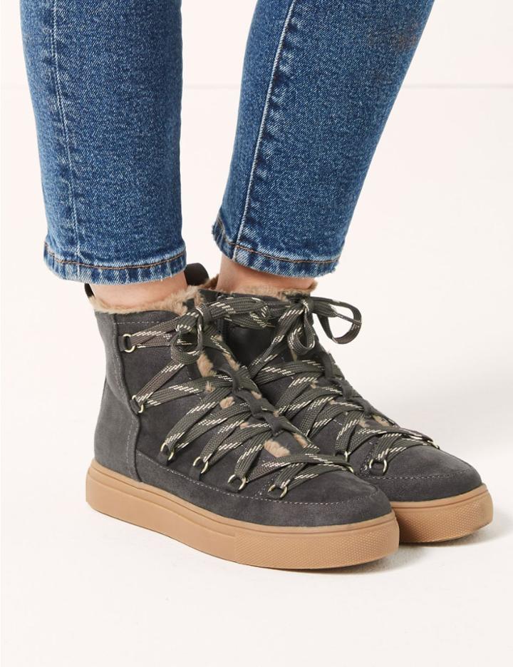 Marks & Spencer Fur Lined Lace-up Ankle Boots Mink