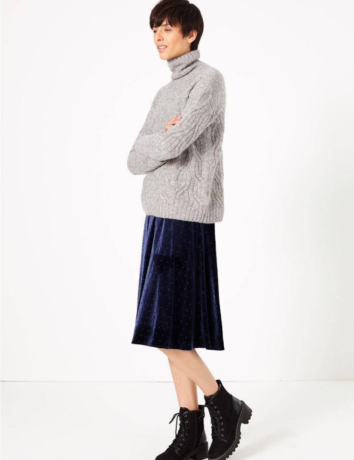 Marks & Spencer Velvet Polka Dot Jersey Slip Midi Skirt Navy Mix