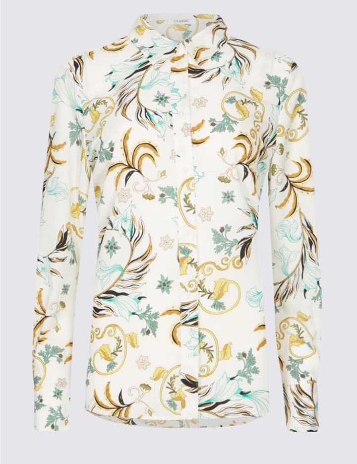 Marks & Spencer Floral Print Crepe Long Sleeve Shirt Cream Mix
