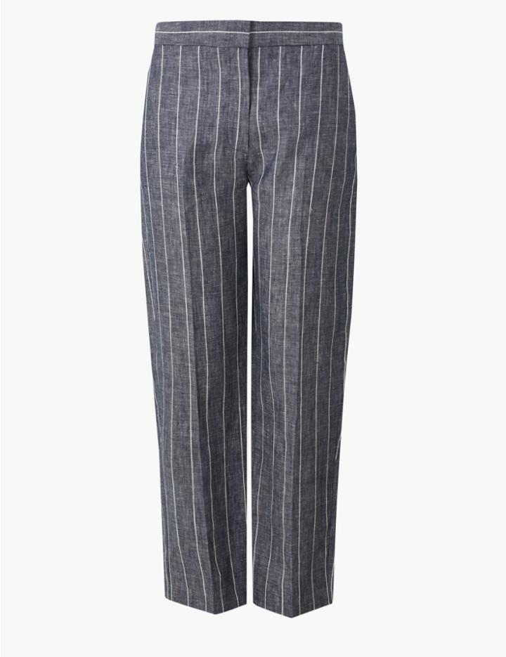 Marks & Spencer Pure Linen Striped Ankle Grazer Trousers Navy Mix