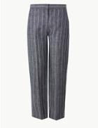Marks & Spencer Pure Linen Striped Ankle Grazer Trousers Navy Mix