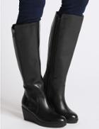 Marks & Spencer Leather Ruched Wedge Heel Knee High Boots Black