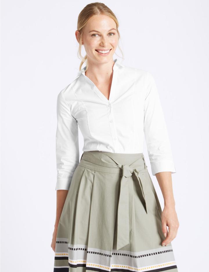 Marks & Spencer Cotton Rich &frac34; Sleeve Shirt With Stretch Soft White