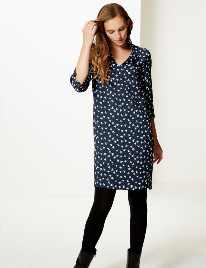 Marks & Spencer Floral Print Notch Neck Shift Dress Navy Mix