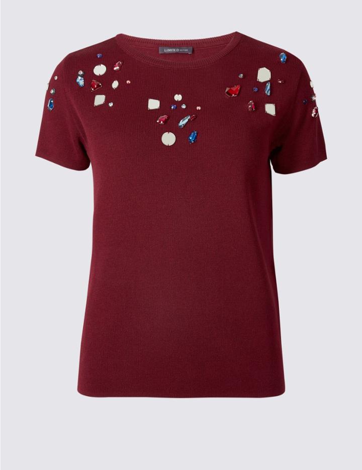 Marks & Spencer Gem Embellished Round Neck Jumper Burgundy
