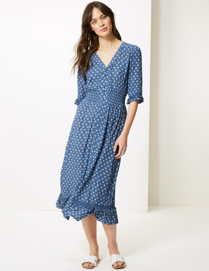 Marks & Spencer Floral Print Dobby Waisted Midi Dress Chambray Mix