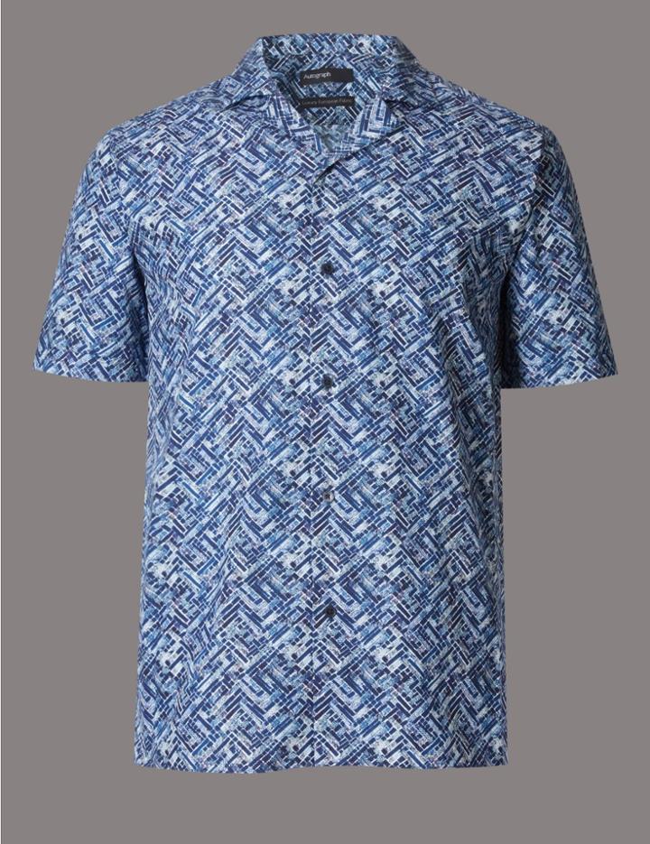 Marks & Spencer Pure Cotton Slim Fit Printed Shirt Blue Mix
