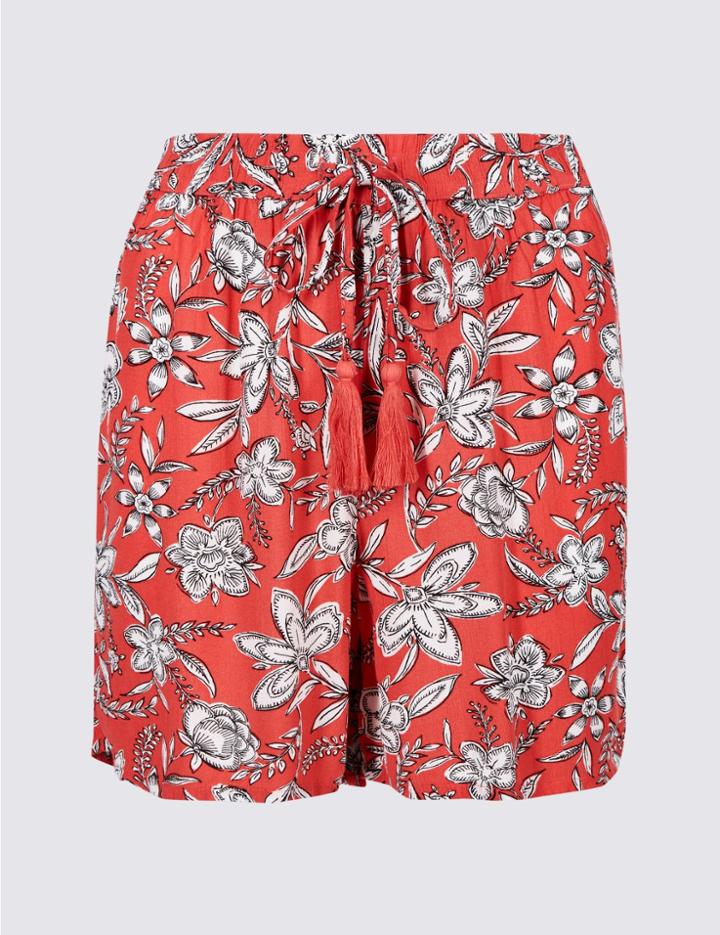 Marks & Spencer Floral Print Crinkle Casual Shorts Red Mix