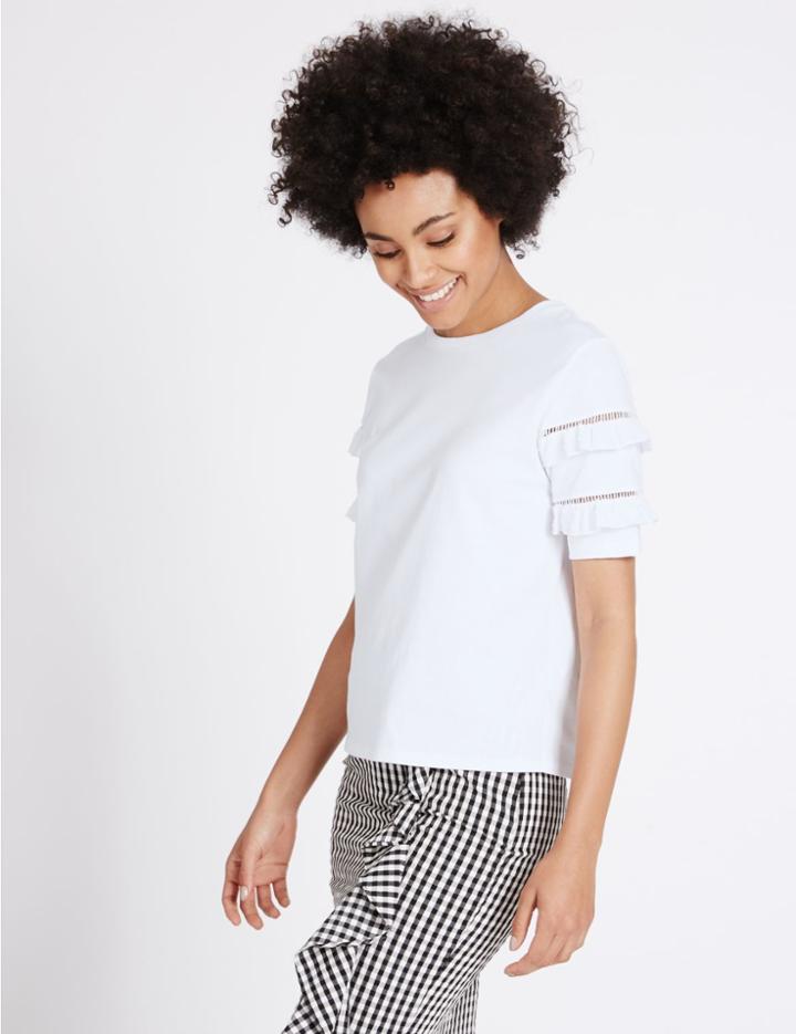 Marks & Spencer Pure Cotton Ruffle Short Sleeve T-shirt Ivory