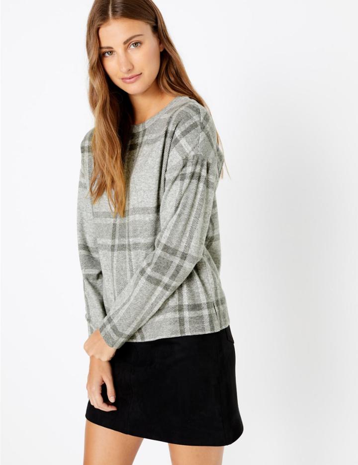 Marks & Spencer Checked Crew Neck Long Sleeve Top Grey Mix