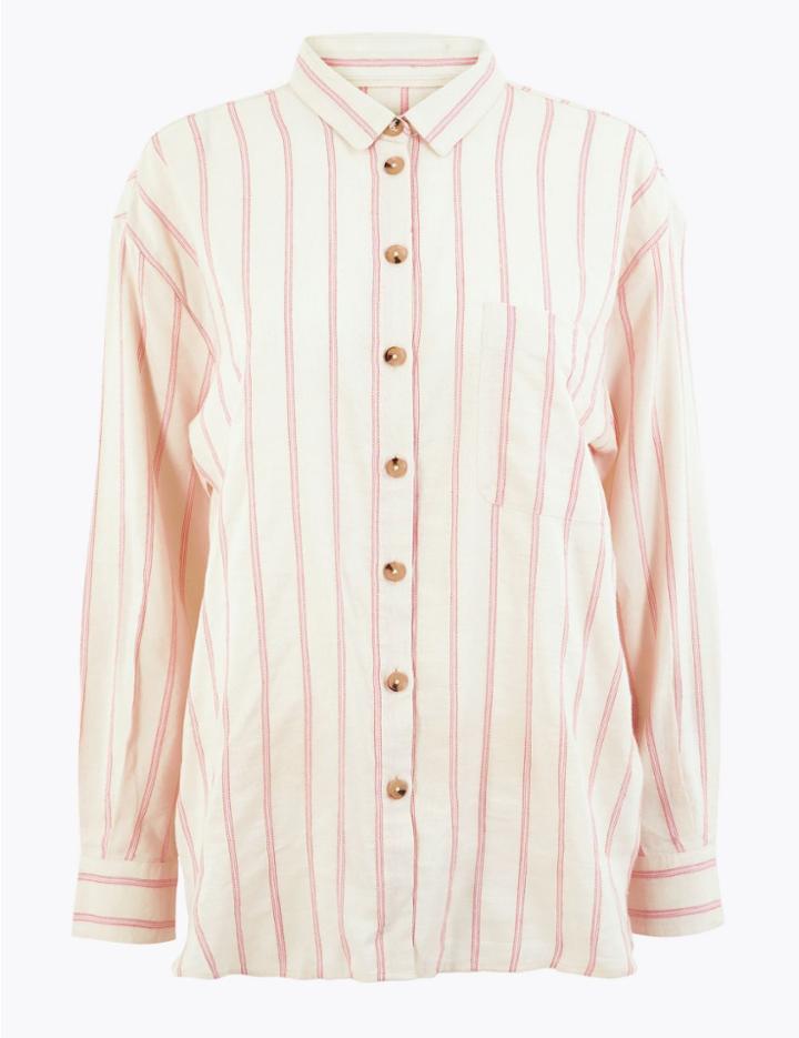 Marks & Spencer Cotton Blend Striped Shirt Ivory Mix