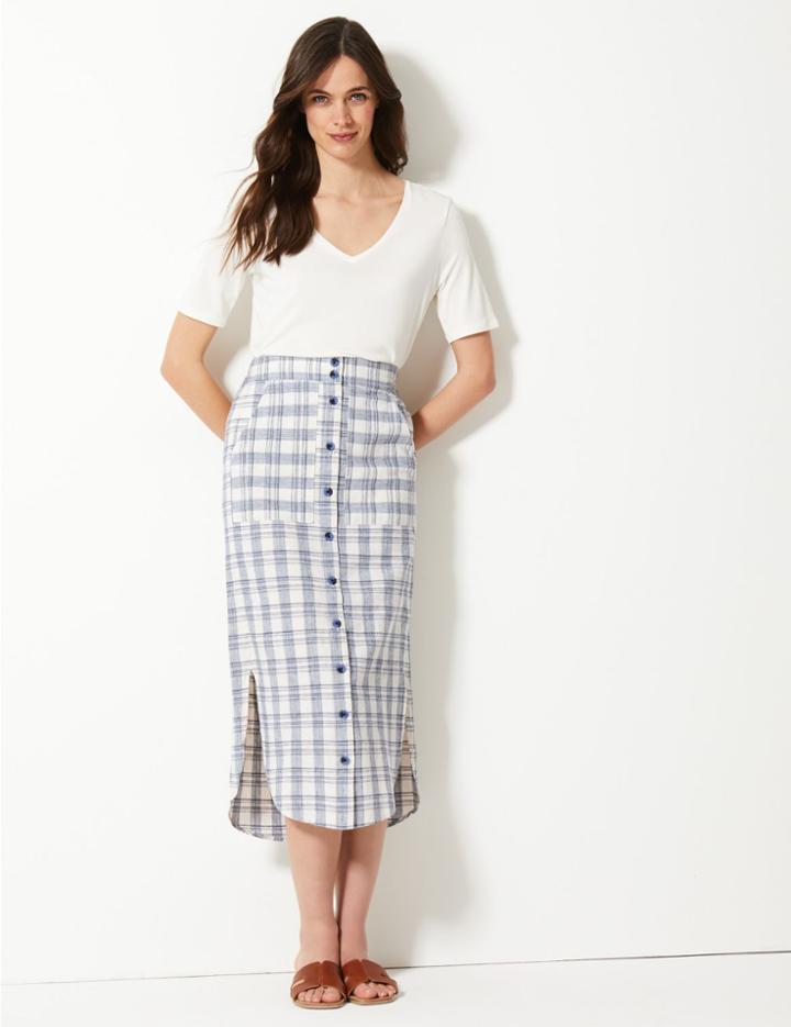 Marks & Spencer Checked A-line Midi Skirt Ivory Mix
