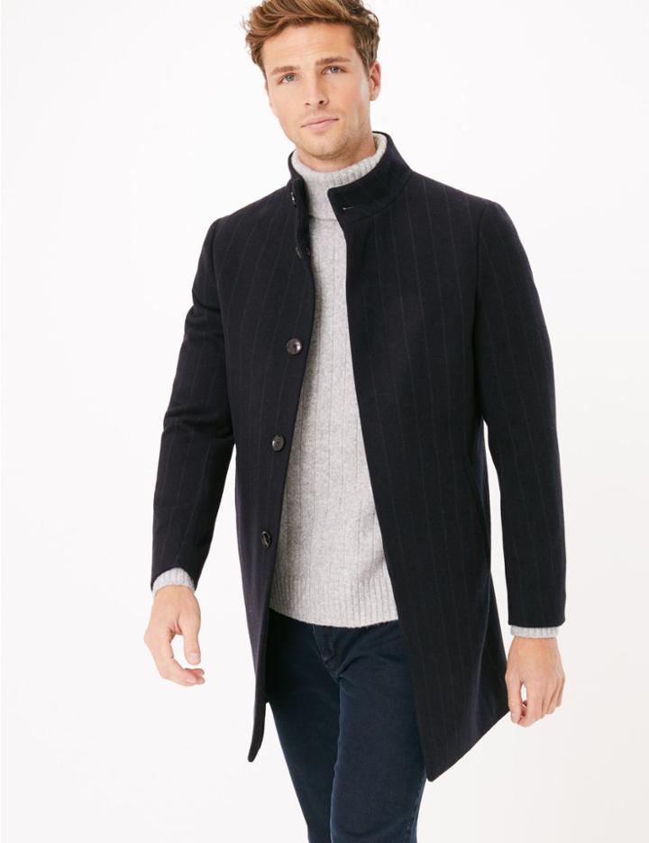 Marks & Spencer Wool Pinstripe Funnel Neck Overcoat Navy Mix